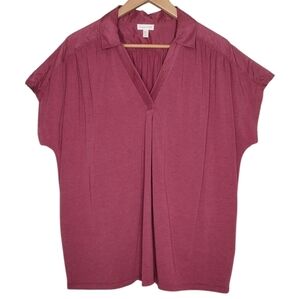 Garnet Hill Women's Pink Oversized Short Sleeve Relaxed Notched Collar Blouse